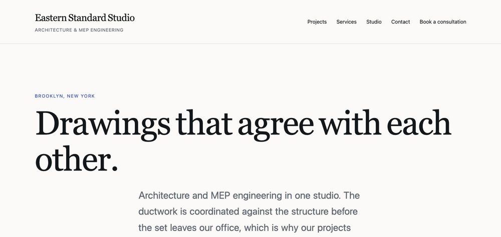 The studio home page: a large serif headline reading 'Drawings that agree with each other', with a book-a-consultation button.