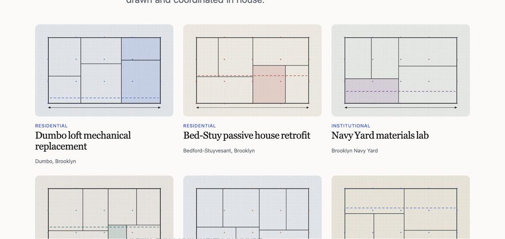 The projects archive: a grid of project cards, each with a generated plan drawing, a sector label, a title and a location.