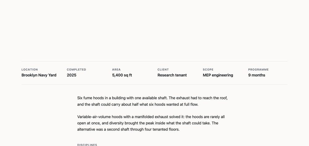 A project page spec sheet: location Brooklyn Navy Yard, completed 2025, area 5,400 sq ft, client research tenant, scope MEP engineering, programme 9 months.