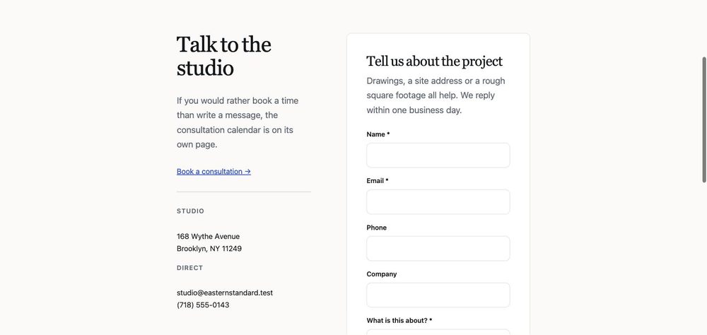 The contact page: studio address and direct lines beside a message form.