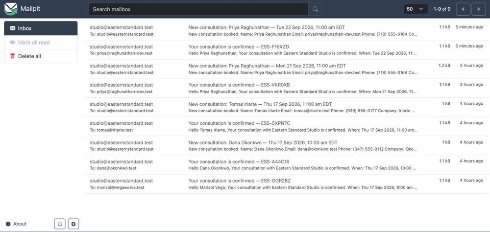 The captured mail inbox: each booking produced a pair of messages, a confirmation to the client and a brief to the studio.