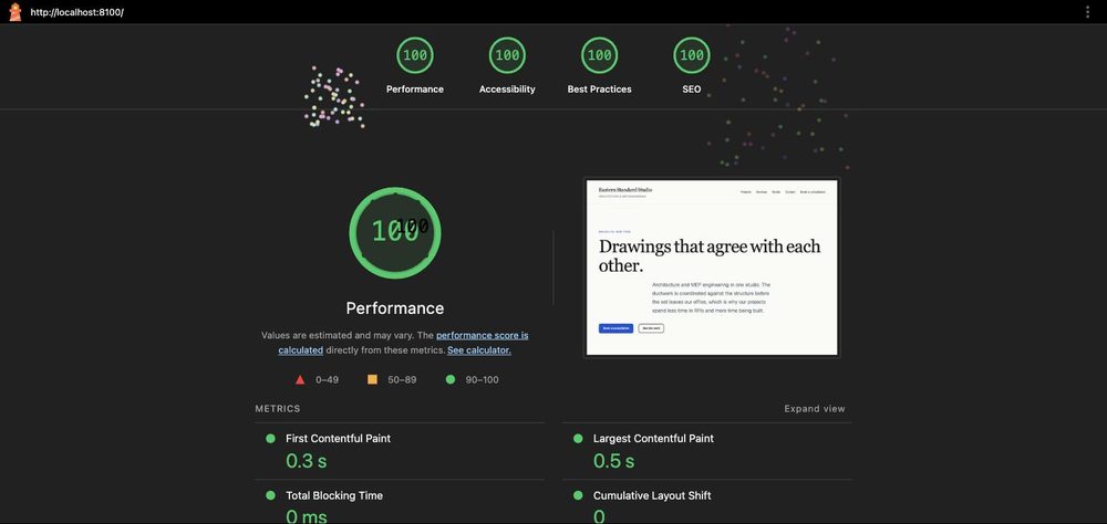 Lighthouse report for the home page showing 100 for Performance, Accessibility, Best Practices and SEO, with First Contentful Paint 0.3 s, Largest Contentful Paint 0.5 s, Total Blocking Time 0 ms and Cumulative Layout Shift 0.