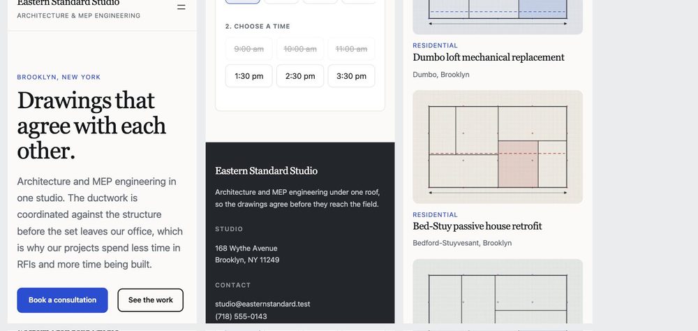 Three phone-width screens side by side: the home page, the booking calendar, and the projects grid, each laid out in a single column.