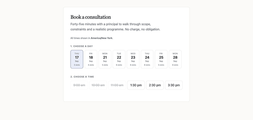 Choosing a day, choosing a time, filling in the form, and the confirmation panel with a booking reference.