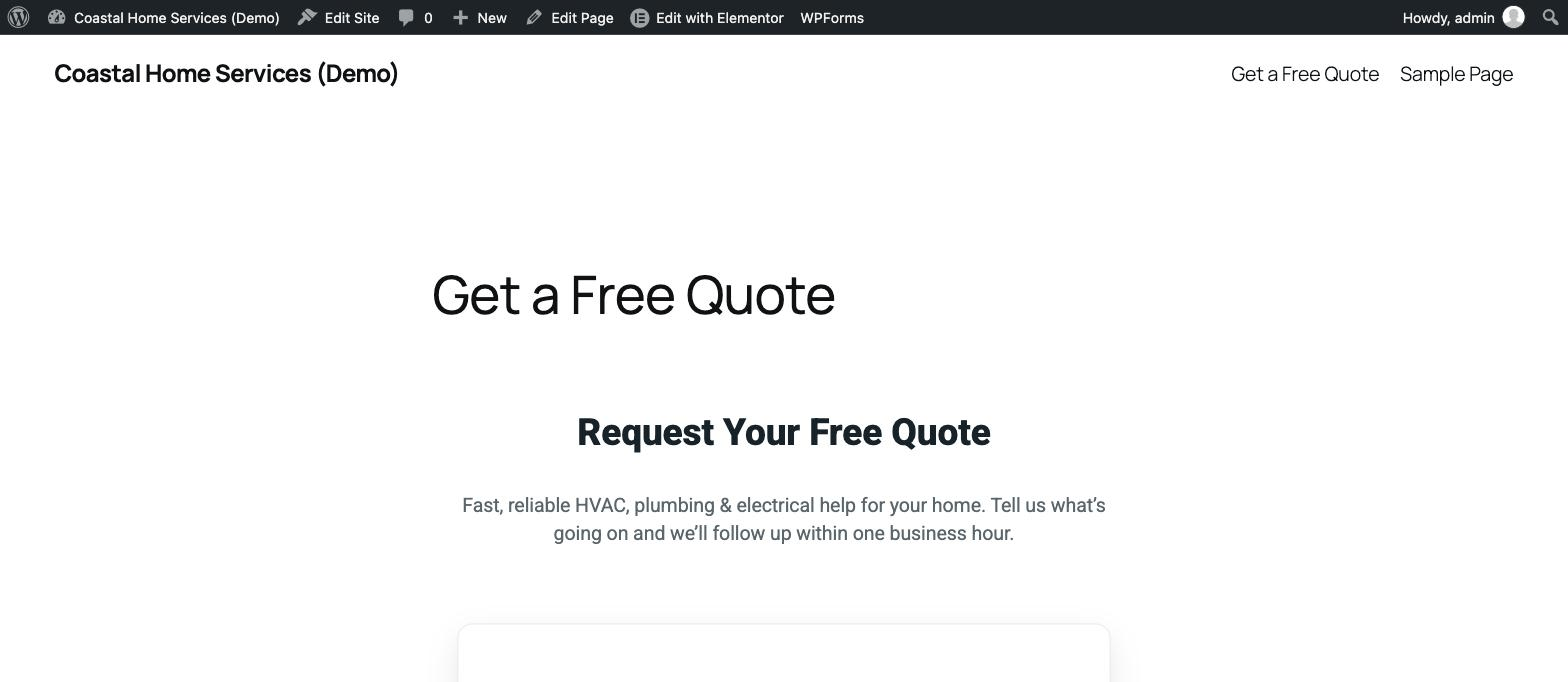 Filling in the Get a Free Quote form, submitting it, then opening the new lead in wp-admin, already marked Synced to CRM.