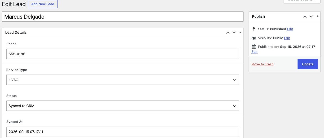 WordPress admin edit screen for lead Marcus Delgado, showing Status: Synced to CRM and a Synced At timestamp.